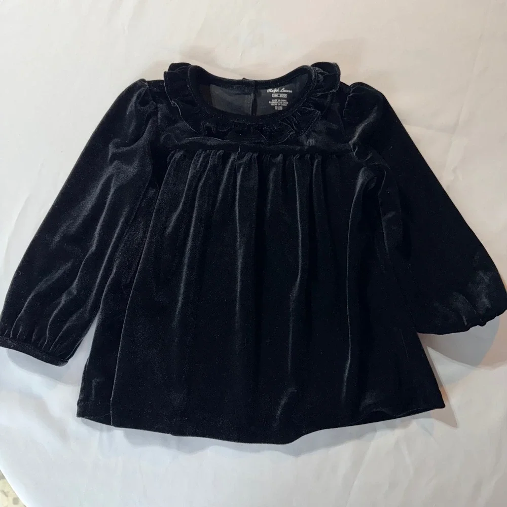 Ralph Lauren Toddler Girls Black Velvet Ruffle Collar Long Sleeve Top 18M